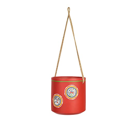 Image of AAKRITI ART CREATIONS Terracotta Hanging Planter | Red Rose Warli Art Design, Matte Finish | Decorative Hanging Pot for Indoor & Outdoor Home Decor