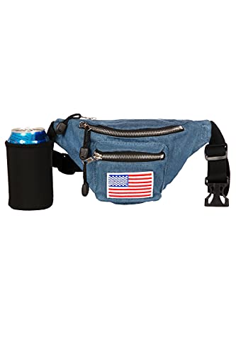 Tipsy Elves USA Patriotic Blue Jean Buckle Fanny Pack with Detachable Drink Carrier - Classic American Fanny Pack - 3 Zipper Pockets Secure Storage July 4th BBQs Beach Parties Phones Wallets (Blue)