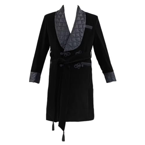 Men's Long Velvet Smoking Jacket with Belt Double Breasted Shawl Lapel Robe Quilted Wedding Dinner Prom Blazer ASDF18