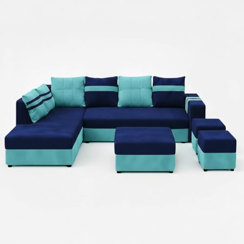 Image of Stova Luxe Velvet-Suede Fabric 8 Seater LHS L Shape Sofa Set | with 2 Ottoman & Centre Table| Comfortable & Spacious Seating | Modern Sofa Set for Living Room - Sky Blue & Dark Blue