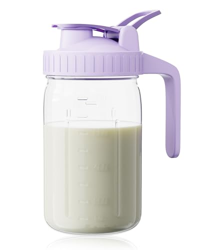 Breast Milk Pitcher, Mason Jar 32 oz, Heavy Duty Wide Mouth Jar with Purple Flip Cap Lid and Pour Spout, Formula Pitcher Airtight Seal for Freshness and Convenience, Great for Cold Beverages