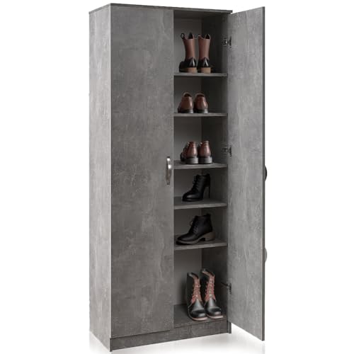 BAKAJI Armadio Scarpiera Gabriella a 2 Ante con 6 Ripiani Altezza 182 cm, Porta Scarpe in Legno Multiuso, Mobile Alto Portascarpe Salvaspazio Indipendente Design Minimal Armadietto Organizer (Cemento)