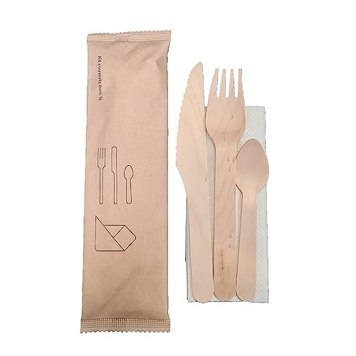 250 kits de couverts 4 en 1 jetables en bois fourchettes + couteaux + cuillères +serviettes