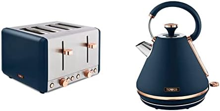 Tower T20051MNB Cavaletto 4-Slice Toaster with Defrost/Reheat & T10044MNB Cavaletto Pyramid Kettle with Fast Boil, Detachable Filter, 1.7 Litre, Midnight Blue and Rose Gold