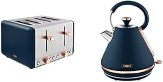 Tower T20051MNB Cavaletto 4-Slice Toaster with Defrost/Reheat & T10044MNB Cavaletto Pyramid Kettle with Fast Boil, Detachable Filter, 1.7 Litre, Midnight Blue and Rose Gold