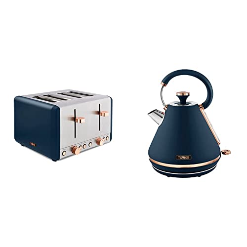 Tower T20051MNB Cavaletto 4-Slice Toaster with Defrost/Reheat & T10044MNB Cavaletto Pyramid Kettle with Fast Boil, Detachable Filter, 1.7 Litre, Midnight Blue and Rose Gold
