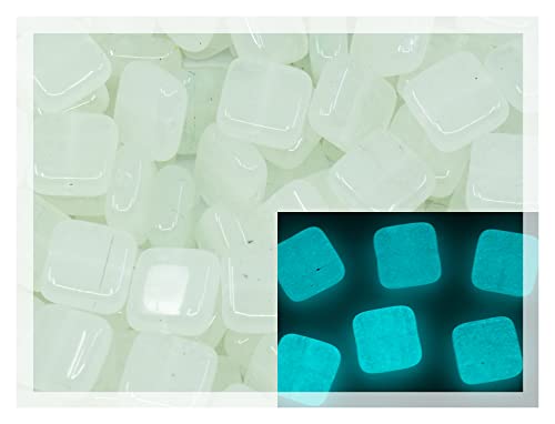 45+ pcs (0.88oz) Tile Square 1-Hole Glass Beads, 0.35 inch (9x9mm), Czech Republic, Dirty White - Glow in the Dark Bright Blue