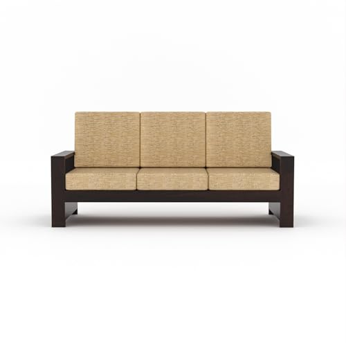 Image of Sheesham Wooden 5 Seater Sofa for Living Room | Rosewood 5 Seater Cushion Sofa with Side Rack | Solid Wood Sofa Set for Lounge (3+1+1,Walnut)