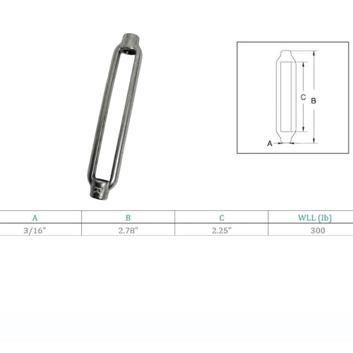 Cuerpo de tensor de acero inoxidable marino T316 3/16" x 2-1/4" Prolinemax Marine Boat, 300 Lbs WLL miniatura 4