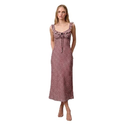 Image of Women's Merlot Gingham Midi Dress, Sleeveless Ruffle Strap, Tie-Back, Plaid Cottagecore Open Back Sundress for Brunch & Vacations