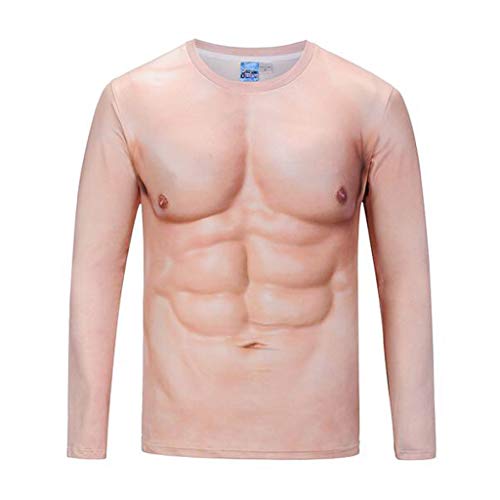 DOGZI Hombre Camisetas de Manga Corta elástica con 3D músculos Divertidas Estampado Aptitud Sudor Cuello Redondo Manga Larga Tops