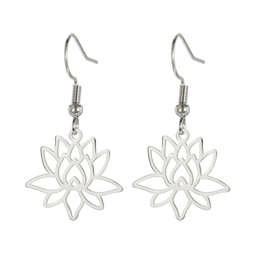 KKJOY Boucles d'oreilles de Lotus Ajouré en Acier Inoxydable Boucles d'oreilles Pendantes de Symbole de Yoga de Fleur de Lotus Bijoux d'inspiration pour les...