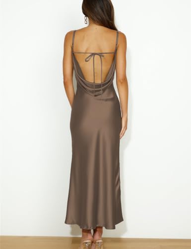 Image of Summer Satin Spaghetti Strap Cowl Neck Backless Midi Dresses for Women Elegant Tie Low Back Ruched Cocktail Dress