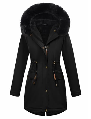 Tuopuda Damen Winterparka Langer Wintermantel mit Kapuze für Frauen Warm Fleece Gefüttert Winterjacke Verdicken Parka(Schwarz,XL)