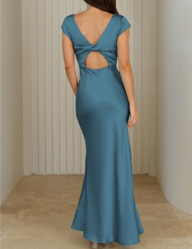 Image of Halfisland Womens Summer Satin V Neck Cap Sleeve Midi Dress Wedding Guest | 2026 Summer,Backless,Hollow Out,Long,Formal,Cocktail,Twist,Bridesmaid,Party,Baby Shower,Short Sleeve,Beach,Elegant,Evening