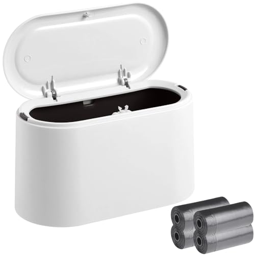 Desk Trash Can, Trash Can Desk Bin with Lid with 4 Rolls of Trash Bags Portable Trash Cans Mini Trash Cans with Lid for Room Kitchen Bedroom Bathroom Office White