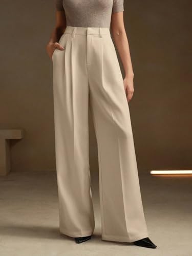 Image of KOTTY Women's Beige High Waist Wide Leg Straight Trouser for Formal and Office Wear