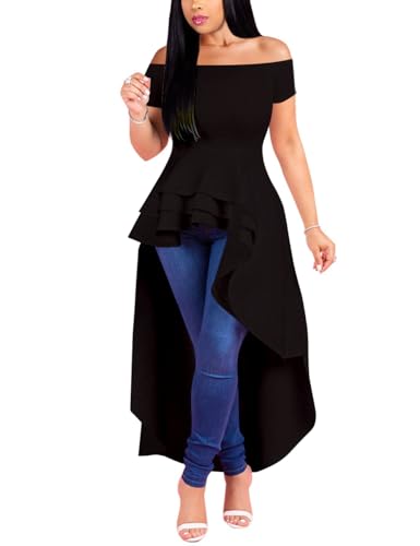 Lrady Womens Off Shoulder Tops High Low Short Sleeve Ruffle Peplum Tunic Party Blouse Casual Shirt Dress3