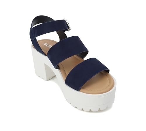 Image of Soda ACCOUNT ~ Women Open Toe Two Bands Lug sole Fashion Block Heel Sandals with Adjustable Ankle Strap