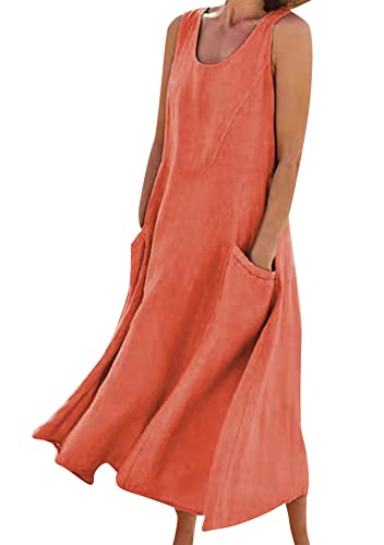 YMING Las Mujeres Vestidos Casuales Sueltos De Lino De Algodón con Bolsillo Sin Mangas Vestido De Cuello Redondo De Lino Vestido Midi Naranja S