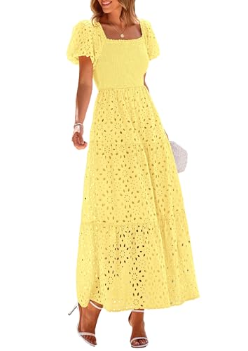 PRETTYGARDEN Summer Dresses for Women 2025 Eyelet Square Neck Puff Sleeve Smocked Wedding Guest Maxi Dress with Pockets