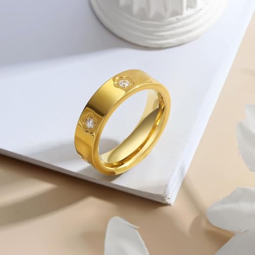 18k Gold Dainty Five Leaf Clover Inlaid Zircon Rings Love Friendship Gold Ring for Women Stainless Steel Wedding Band Promise Ring Jewelry Birthday Gifts for Women3