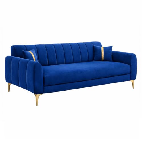 Image of Hermione Luxe Velvet-Suede Fabric 3 Seater + 1 Seater + 1 Seater Sofa Set | Golden Legs | Comfortable & Spacious Seating | Modern Sofa Set for Living Room - Dark Blue