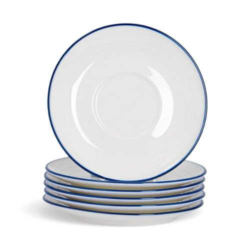 Nicola Spring Farmhouse Saucers 6 Inch (16cm) - Set of 6 White & Blue Porcelain Rustic Country Cottage Tea & Coffee Cup Plates with Rolled Rims & Embossed Rings