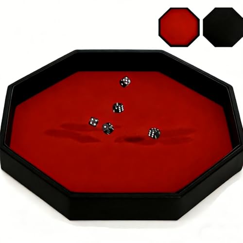 Noamus Large Dice Rolling Tray 11.5 Inches Octagon Dices Tray Felt Lined PU Leather Dice Storage Holder Velvet Table Games Box for RPG DND Jewelry Christmas Holiday Party Accessories (Red)