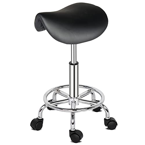 NALLBEIRRAA Round Rolling Stool PU Leather Height Adjustable Swivel Salon Stools Chair with Wheels and Soft seat (Black3)