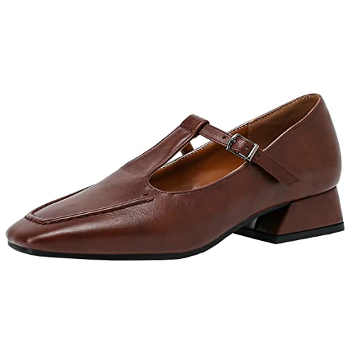 Trendenzy Womens Square Toe Pumps T Strap Chunky Mary Jane Vintage Low Heel Shoes
