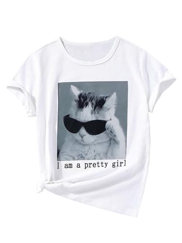 SOLY HUX Girl's Cute Cat Graphic Tees Letter Print Short Sleeve T Shirts Preppy Clothes Summer Tops