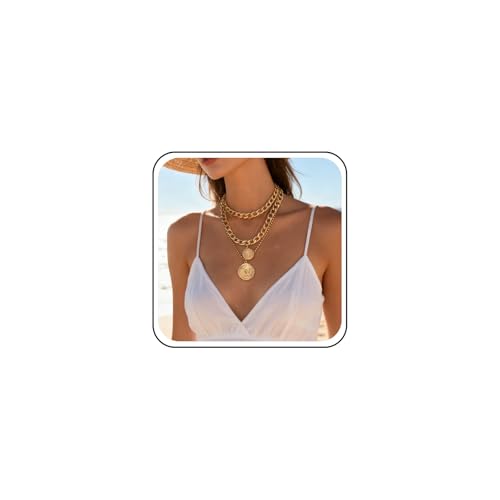 Sttiafay Punk Chunky Chaîne Collier Exagéré Couche Cubain Maille Chaîne Collier Multicouche Sculpté Pièce Pendentif Collier Épais Choker Bijoux Pour...