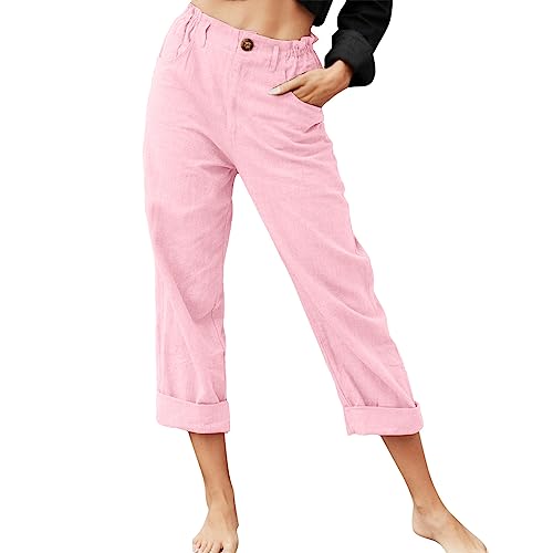 Calças casuais para mulher cintura elástica com botões fecho de correr bolsos confortáveis elegantes respiráveis escritório, ROSA, XXL