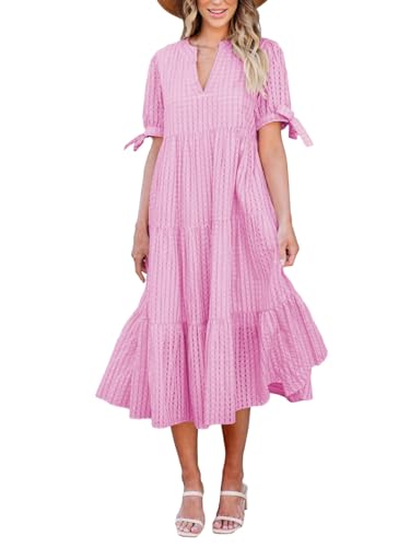 Image of Theenkoln Womens Casual Midi Dress: Short Sleeve V-Neck Empire Waist Gingham Spring Fashion Long Trendy Tiered Formal Dresses