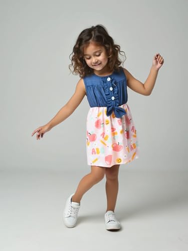Image of Unique Baby Girls Sleeveless Denim Dress with Knot Tie and Fun Print for Toddler and Big Kids