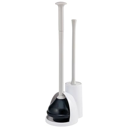 mDesign Compact Plastic Toilet Bowl Brush and Plunger Combo Set with Holder - Caddy for Bathroom Storage - Sturdy, Heavy Duty, Deep Cleaning - White/Light Gray