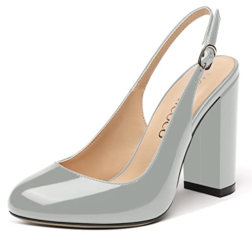 MODENCOCO Women's Patent Fashion Round Toe Buckle Slingback Sexy Wedding Block High Heel Pumps Shoes 4 Inch