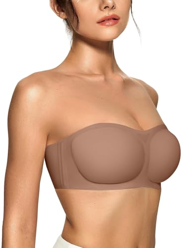 OEAK Womens Strapless Bras Jelly Push Up Bandeau Bra Non Slip Wireless Supportive Padded Bras Seamless Comfortable Tube Bra Coffee S