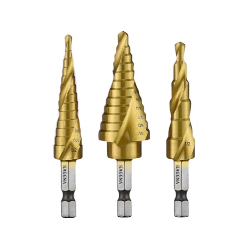 KAGGNA Step Drill Bit Set, Titanium Coated Drill Bits, 3 Pcs, Spiral Grooved for Faster Drilling, Step Bits for Stainless Steel, Metal, Wood, Plastic, Unibit Cone Drill Bits with 31 Step Sizes Total