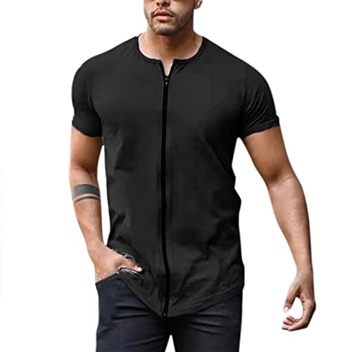 Chemise ample à manches courtes pour homme avec fermeture éclair sur le devant, t-shirt décontracté streetwear fabriqué à partir de tissu doux et...