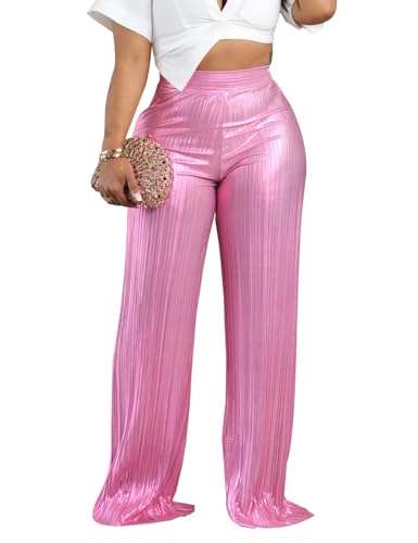 Yuopeid Women's Fashion Shiny High Waist Party Trouser Elastic Palazzo Shimmer Wide Leg Night Club Pant