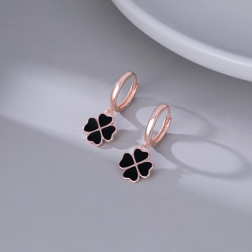 Reffeer Solid 925 Sterling Silver Clover Flower Drop Hoop Earrings for Women Teen Girls Black Flower Hoop Earrings Drops for Summer Spring4