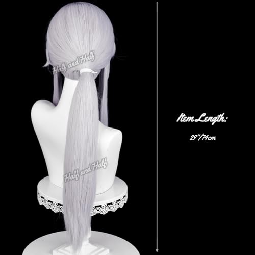 Image of Half and Half Long Silver White Anime Vam-pire Ponytail Wig with Side Part Bangs for Ferid Cospaly Light Gray White Male Wigs for Men Women Halloween Party