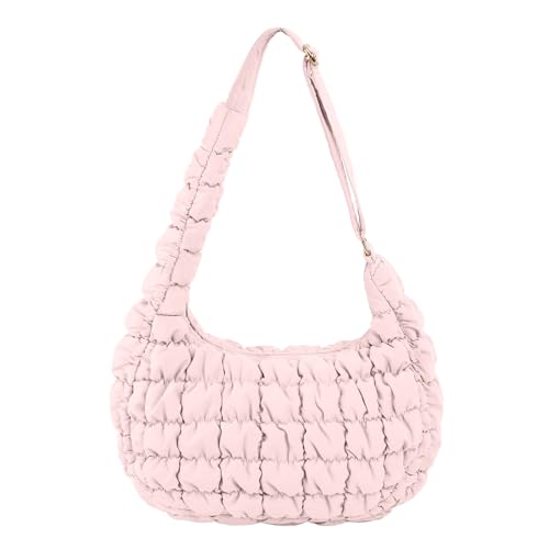 Small Puffer Crescent Shoulder Bag for Women Quilted Puffer Purse Nylon Puffy Handbag Pink