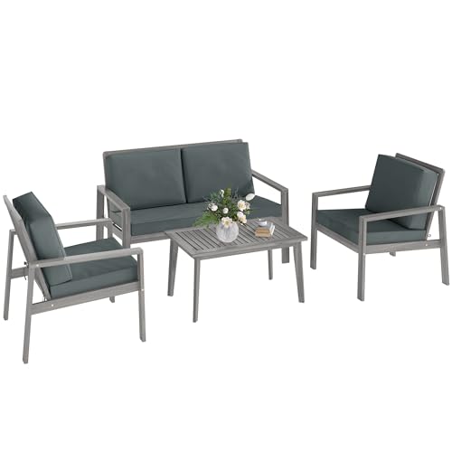 Outsunny 4 Pieces Garden Furniture Set with Cushions, Wooden Gard...
