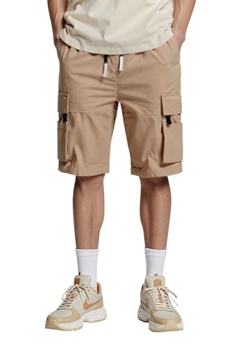 Tansozer Mens Shorts Cargo Summer Casual Cotton Elastic Waist Multi Pockets Urban Breathable Bermuda Lightweight Leisure Drawstring Shorts Khaki S