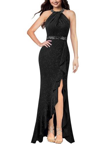 VFSHOW Womens Sexy Halter Neck Beaded Ruffle Slit Prom Formal Maxi Dress 2023 Wedding Guest Twist Front Cocktail Evening Gown