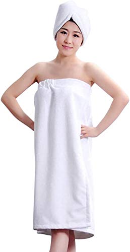 Bath Wraps for Women Microfiber Adjustable Shower Spa Wrap and Dry Hair Towels Set,Spa Gym Robe Dress Sets,White