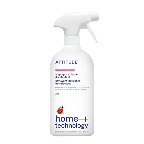 ATTITUDE - ATTITUDE Disinfectant Spray, All Purpose Cleaner with 99.99% Germ & Virus Elimination, Vegan & Plant-Based, Multi-Surface, Made in Canada, Unscented, 800 mL